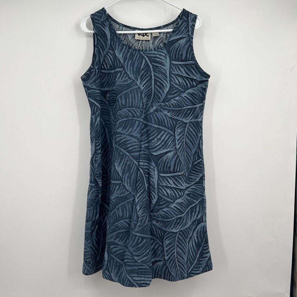 Rix Hawaiian Blue Linen Blend Sleeveless Dress L Tropical Print Cruise Beach
